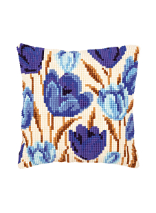 Kit coussin Tulipes bleues, point de croix, 40 x 40 cm